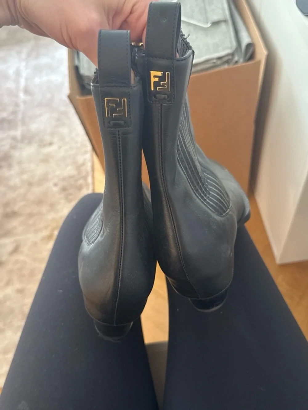 Fendi Black Leather Chelsea Ankle Boots with Gold FF Plaque
